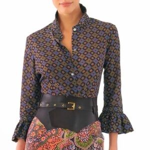 Gretchen Scott Priss Blouse Sundial Black Button Down Ruffle Sleeve size Large